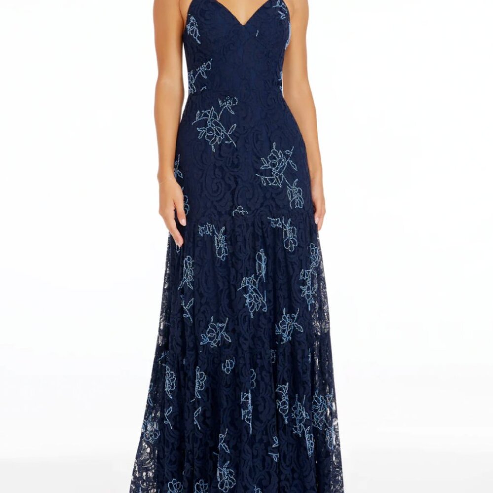 Dress the Population Tess Navy Floral Beaded Lace Gown Medium